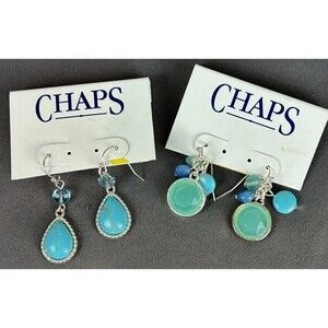 NEW Chaps Silvertone Turquoise Blue Sea Glass Drop Earrings 2 Pair